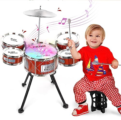 m zimoon Kids Drum Kit, Jazz Kids Drum Set 5 Drums, Musical toy Instruments Upgraded Band Rock Sets with Stool Pedal Cymbal and Drumsticks, Toys Gift for Beginners 3 4 5 6 7 8 9 Year Old Boys Girls