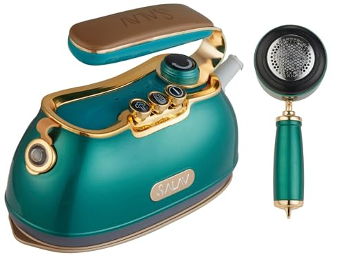 SALAV IS-900A Retro Handheld Garment Steamer + Iron, Ceramic Steam Plate, 1000 watts of Steam, Removes Wrinkles on Clothes (Steamer and Iron + Fabric Shaver and Lint Roller, Emerald)