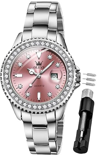 OLEVS Damenuhr Diamant Analoge Armbanduhr mit Kleines Rosa Gesicht Silber Edelstahlband wasserdichte Frauen Uhr Sale Geschenk Marken