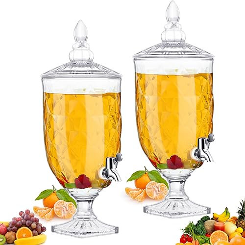 Bokon 2 Pieces Drink Dispensers for Parties Crystal Iced Beverage Dispenser with Stand and Spigot, Glass Liquid Containers Wide Mouth Beverage Server for Juice Tea Summer Wedding
