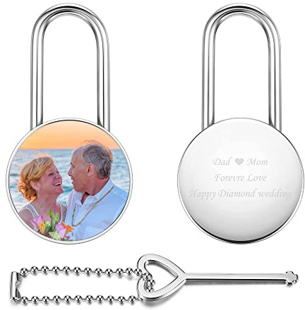 AllerPierce Engraved Padlock with Key, Personalized Love Heart Lock with Photo and Text, Wish Lock for Couple Friends Birthday Christmas Valentine's Day Gift (Round)