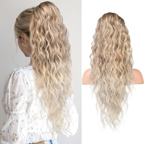REECHO Ponytail Extension, 66 cm Long Beach Gewellt Zugband Pferdeschwanz Haarverlängerung Synthetischer Pferdeschwanz Haarteil für Frauen