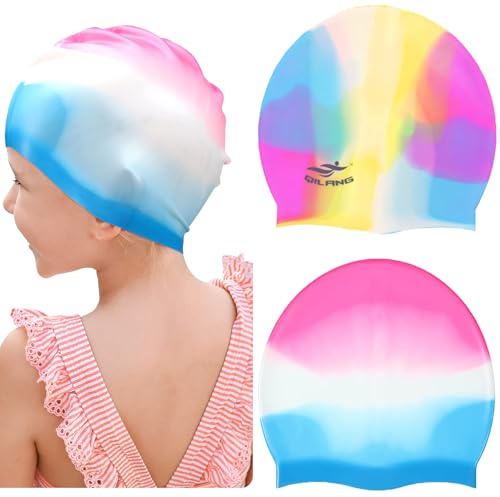 Swimming Caps for Kids, 2 PACK Elastic Silicone Swimming Hat Waterproof Swim Cap for Long Short Hair Girls Boys Kids Teens Children (Multicolor 2pcs)