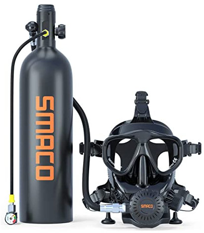 SMACO Mini Tauchflasche für Flachwassertauchen, 2L Tauchzylinder Tauchflaschen Set, bietet 25–30 Minuten Atemunterstützung für Unterwasser-Freizeit/Tauchübungen/Wasserrettung, Set A-Schwarz