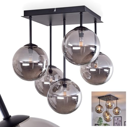HOFSTEIN Deckenleuchte Chehalis, 5-flammige Deckenlampe aus Metall/Glas in Schwarz/Rauchfarben, moderne Leuchte im Retro/Vintage-Design, Ø Schirme 15 cm, G9, Esszimmer, Schlafzimmer, Wohnzimmer, Küche