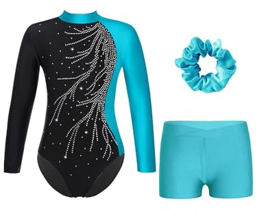 iEFiEL Mädchen Turnanzug Langarm Gymnastik Trikotanzug Glänzende Turnen Set Klassisch Gymnastikanzug Kinder Tanzbody Zd Blau 158-164