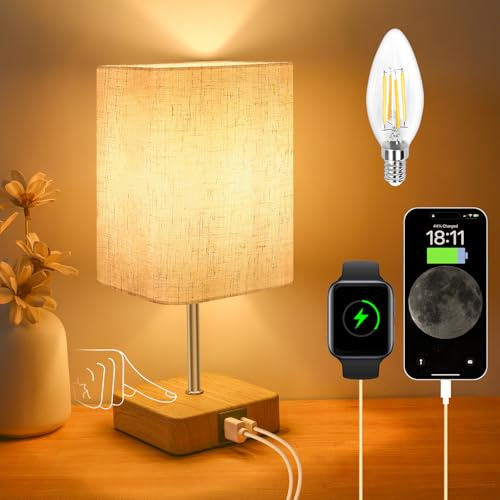 Touch Control USB Table Lamp, Dimmable Nightstand Lamps with USB Charging Ports, Small Touch Lamp with Wood-grain Base ＆ Beige Fabric Shade for Bedroom, Living Room, Children's room, Bulb Included