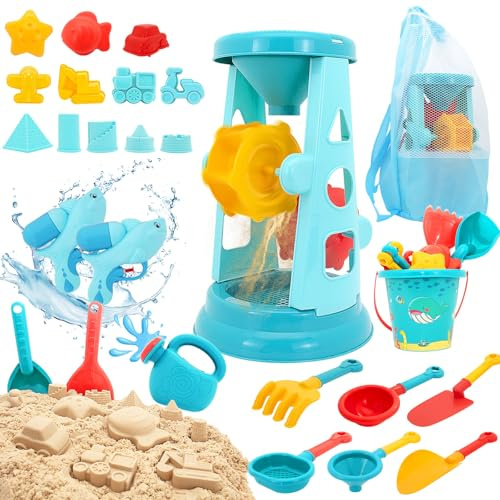 LUCKFUTURE Beach Toys, 25 Pcs Sand Toys Set for Kids Including Water Gun, Sifting Funnel, Bucket, Watering Can, Sand Molds & Mesh Beach Toy Bag, Sandbox Toys for Toddlers 3-12