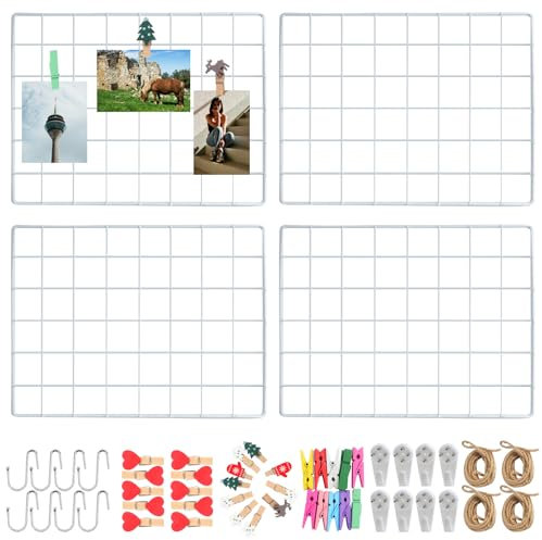 Roellgs 4 Piece Wall Grid (with Accessories) Grid Pin Board Photo Grid, Memo Board and Photo Wall, Decorative Metal Grid for Office, Kitchen, Room and More. (White)