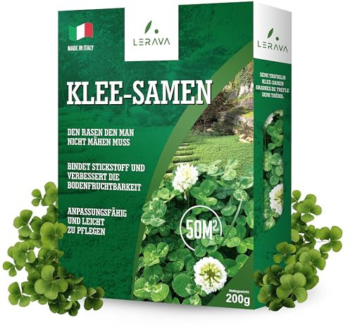 LERAVA Trifoglio Nano semi prato (50 m²) - Non richiede taglio - Semi trifoglio nano per prato verde - Migliora fertilità del suolo e copertura calpestabile - Fioritura bianca per giardini - 200g