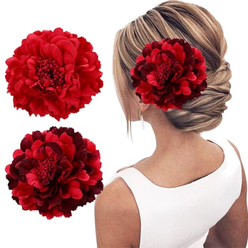 VJUYSW 2 Stücke Blumen Haarspangen Haarclip Rot Blume Brosche Haarschmuck Haarnadeln Haarklammer für Party Hochzeit Halloween Karneval Maskerade Make up