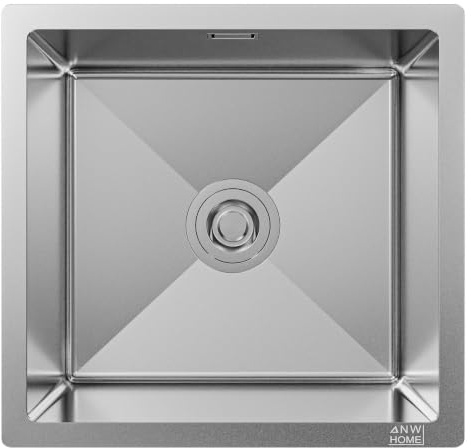 ANW HOME Fregadero Cocina 1 Seno 47x45 cm, Acero Inoxidable | Bajo Encimera, Revestimiento Nano, Grosor 3,0/1 mm, Con Sifón