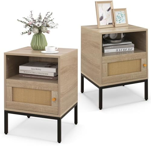 COSTWAY Rattan Bedside Table, Wooden Nightstand Sofa Side Table with Open Storage Shelf, Rattan Door and Metal Legs, Boho Bedside Cabinet Accent End Table for Living Room Bedroom, 40x40x57cm (2)