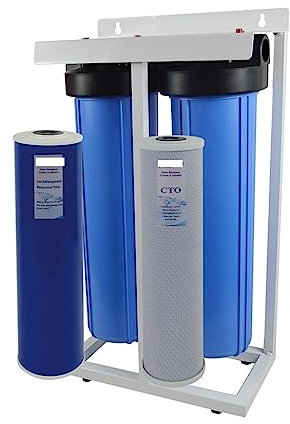 Sous le filtre à eau de l'évier, Système vertical de filtration d'eau for toute la maison en 2 étapes avec grand bloc de carbone bleu de 20 et filtre de réduction de fer et de manganèse pour cuisine,