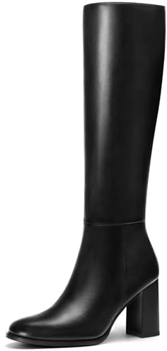 Lumeheel Women Knee High Boots - Round Toe Chunky Heel Tall Boots with Side Zip, Fashion Long Gogo Boots for Fall Winter, Black, Size 7
