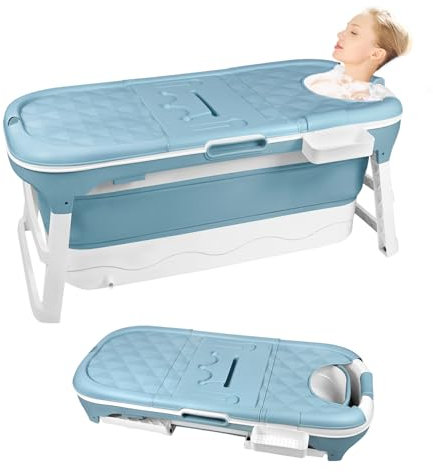 Baignoire Pliable pour Adulte，Baignoire Mobile Pliable avec Couvercle Amovible、Rouleaux de Massage et Panier à Savon，Siège de Baignoire Portable à Poser pour Petite Salle de Bain,Bleu，128x62x52cm