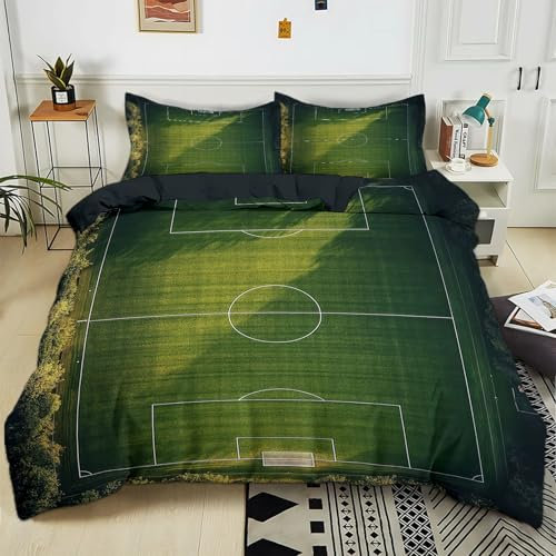 Parure de lit Adulte 2 Personnes 140x200 cm Terrain De Football Vert Sets de Housse de Couette Polycoton Ensemble Literie Linge de Lit avec Fermeture éclair et 2 Taies d'oreiller