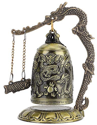 Fengshui Vintage Piccola Campana del Drago Ornamenti Buddisti da Collezione, Campana Feng Shui in Metallo Appesa al Tempio per Buona Fortuna, Decorazione a Porta a Grondaia