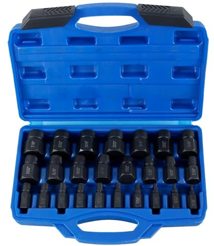 Ensemble d'extracteurs de vis 25 pièces, kit professionnel d'extraction de vis cassées, extracteur d'écrou de boulon facile à retirer, kit d'extraction de vis à tête hexagonale 1/8-7/8 pour vis ca