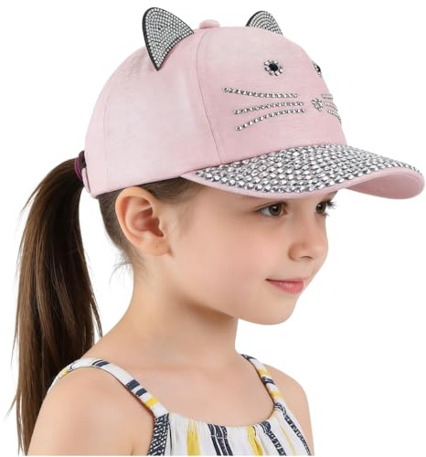 Casquette Baseball pour Fille Garçon avec Mignon Motif de Chat Casquette à Visière Réglable avec Motif Bling Bling Casquettes Fantaisie Visière à Strass Chapeau Bonnet en Coton Protection Solaire
