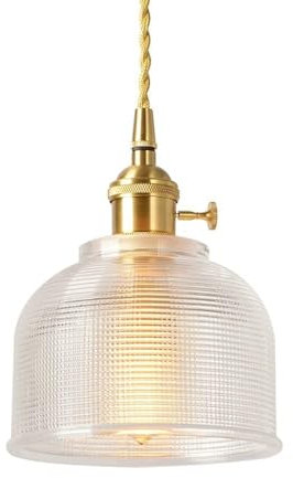 LONGDUOU Lámpara Colgante Industrial Vintage con Pantalla de Vidrio Acanalado Transparente y Acabado en latón, Casquillo Ajustable y Cable Trenzado de Tela Dorada for Isla de Cocina o Bar.