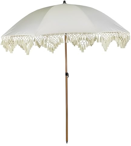 Boho Tilt Sonnenschirm mit Fransen, 200cm Tragbarer UV-Schutz Sonnenschirm mit Quasten, für Terrasse, Garten, Pool