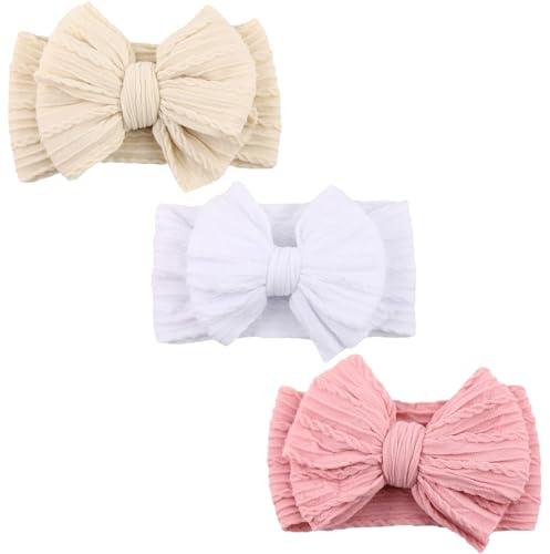 Baby Girl Headband Bows Nylon Head Wraps Newborn Hairbands Infant Toddler Hair Bow (White,Beige,Pink, One Size)