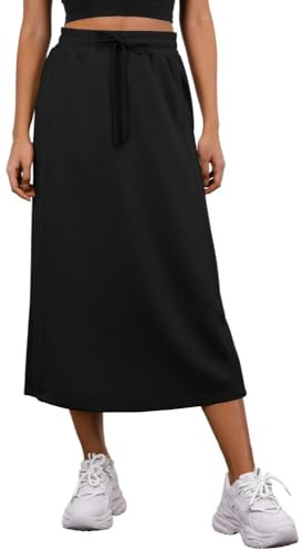 PrinStory Faldas para mujer Midi Faldas de verano Cintura elástica Cordón ajustable Faldas con bolsillos, A negro., M