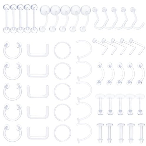 Yolev 55 Stück Piercing Retainer, Klar Nasenstecker Acryl für Nase Kunststoff Piercing für 0P Nasenring Nasenstecker Lippenring Septum Augenbraue Zunge