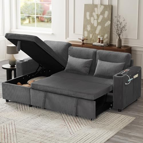 Miyemo 3 Seater Sofa Bed, 3 In 1 Convertible Sleeper Bed with Storage & Charging-Station, L Shaped Corner Sofa, Pullout Sectional Daybed with Cup Holders & Side Pockets, Corduroy, Grey