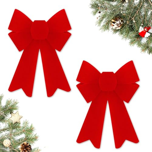 2 Pezzi Fiocchi per Albero di Natale Rosso 15x13cm PVC Fiocco Puntale Albero di Natalizi Fiocchi Velluto Rossi Natalizio Decorazioni Natale per Uso Interno ed Esterno, Porte, Finestre e Caminetti
