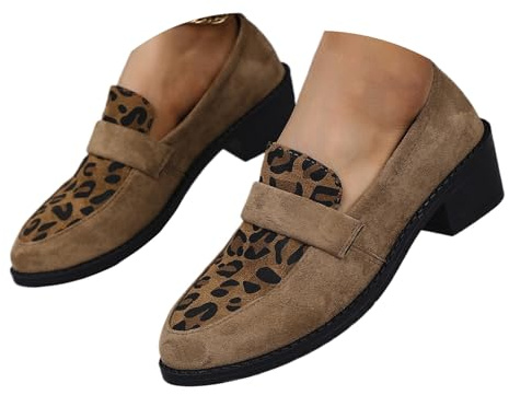 Damen-Slipper aus Wildleder, Retro-Leopardenmuster, Mokassins, Slipper, weite Passform, Penny-Loafer, Anzugschuhe für Walking, Business, khaki, 0 UK
