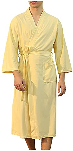 Waffle Pique Bathrobe Men's Pyjamas Men's Waffle Couples Soft Robe Cotton Dressing Gown Lightweight Loungewear Waffle Knit Sauna Gown Long Nightdress Thermal One-Piece Casual Travel Bathrobe, yellow