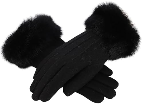 szvbofueck Latex Red Screen Gloves for Women Fleece Lined Gloves Furry Cuffs Soft Thermal Winter Ski Gloves Fingerless Gloves Thin Fabric (Black, One Size)