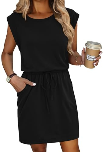 Hotouch Vestidos de Verano para Mujer Vestido Casuales de Cuello Redondo y Mangas Cortas Dress de Playa con Cordón y Bolsillos Negro XL
