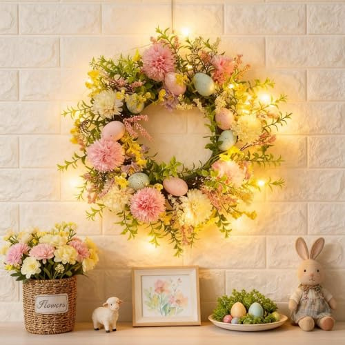 40cm LED Osterkranz Haustür Mit Osterei, Künstlicher Frühlingskranz, Türkranz Ostern, Osterkranz Tür, Osterdeko Türkranz Draußen, Dekorative Türdeko Für Ostern (B)