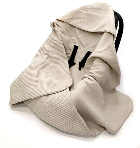 Musselin Einschlagdecke Babydecke 90x90 cm für Babyschale – Sommerdecke atmungsaktiv & leicht, für Kinderwagen und Autositz, für Neugeborene & Kleinkinder, aus Waffel & Musselin, Oeko-Tex - Sand