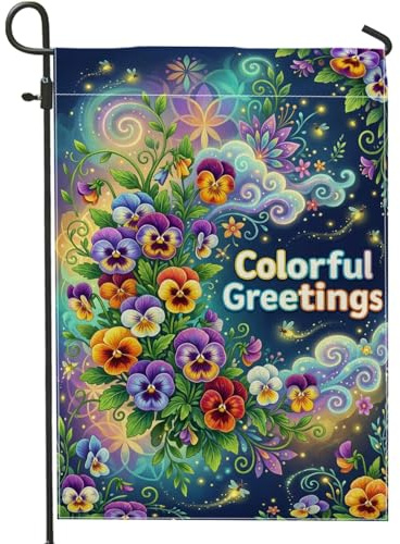 Bandera de jardín de pensamiento, flores vibrantes en remolino de primavera violeta de doble cara de arpillera para patio al aire libre, césped, porche, entrada, camping, 12 x 18 pulgadas