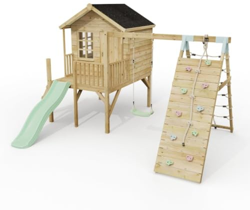 ClassicPlay Premium 5ft Playhouse on Deck with Single Swing, Slide and Climbing Wall Mint Green