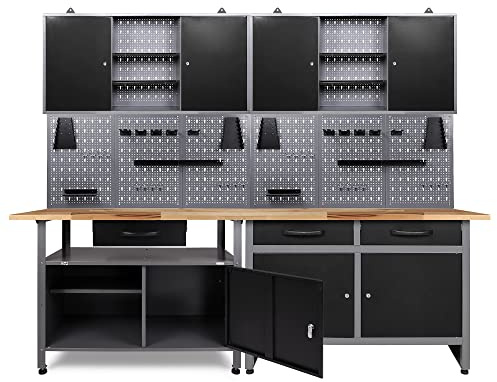 Ondis24 Werkstatt Set Schöpfer 240 cm Werkbank Hängeschrank Werkzeug Lochwand (Arbeitshöhe 85 cm, Schwarz)