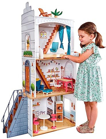 KidKraft Maison de Poupée en Bois Rowan incluant Accessoires et mobilier, Maison de Ville avec Toit terrasse et escalier extérieur pour poupées, Jouet Enfant dès 3 Ans, 10238