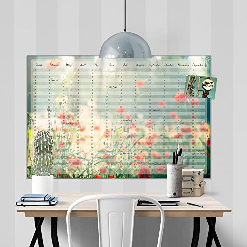 banjado® Wandkalender abwischbar aus Glas 90x60 cm/Jahresplaner abwischbar mit Motiv Mohnblumen/langlebiger Jahreskalender, Urlaubsplaner & Familienplaner abwischbar