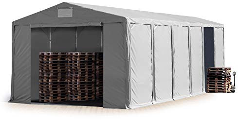 TOOLPORT Lagerzelt Industriezelt 8x12 m Zelthalle mit 4m Seitenhöhe PVC Plane 850 N grau wasserdicht Ganzjahreszelt mit Reißverschlusstor