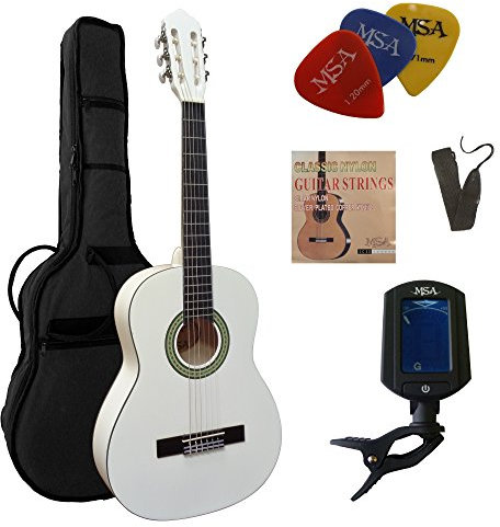 3/4 GITARRE - KONZERTGITARRE IM SET - CLASSIC - WEIß - DECKE LINDENHOLZ - TASCHE - BAND - SAITEN - 3xPIK - STIMMGERÄT ET33B - C3