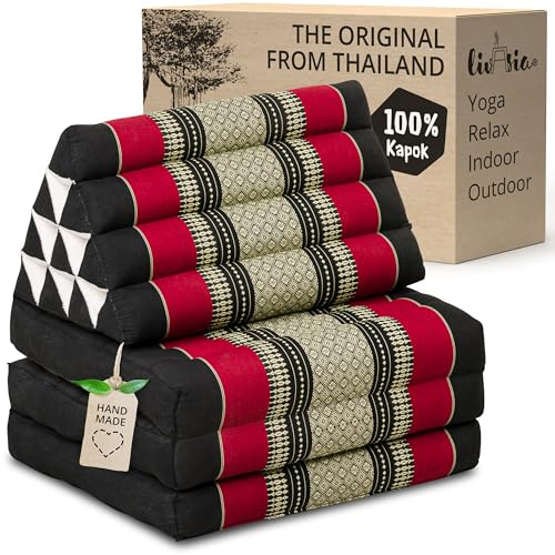 livasia Coussin thaï à 3 Blocs - 175x50x8cm - Triangle avec Matelas Pliable, Biseau kapok, Coussin de Soutien Dorsal Pliables, Tapis thaï Pliable, Fait Main (Noir/Rouge)