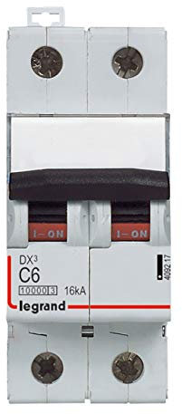 Legrand 409217 Disjoncteur DX³10000 16kA arrivée haute et départ bas à vis, 2P, 230V~ à 400V~, 6A, courbe C, 2 modules