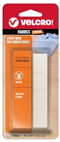 Velcro(r) Brand Fasteners Klibbig baksida för tyger: Ingen sömnad behövs – 1 tum x 3/4 tum ovaler, 8 set – vit