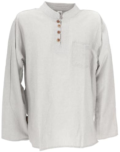 GURU SHOP Nepal Ethno Yogahemd mit Kokosknöpfen, Kurta-Hemd, Freizeithemd mit Stehkragen - Grau, Herren, Size:XL