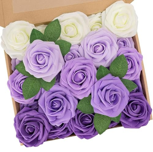 N&T NIETING Artificial Flowers Roses, 25pcs Purple Foam Roses, Fake Lavender Flowers for Wedding Bridal Bouquets, Party, Baby Shower, Home Decor and Valentine's Day, Series Purple