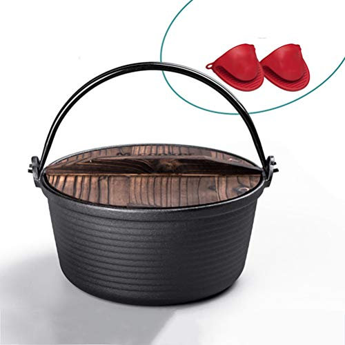 LTLWSH Cocotte en Fonte Dutch Oven 4.8 Liter en Bois Couvercle et avec lève-Couvercle pour Barbecue Pique-Nique Cuisine Jardin